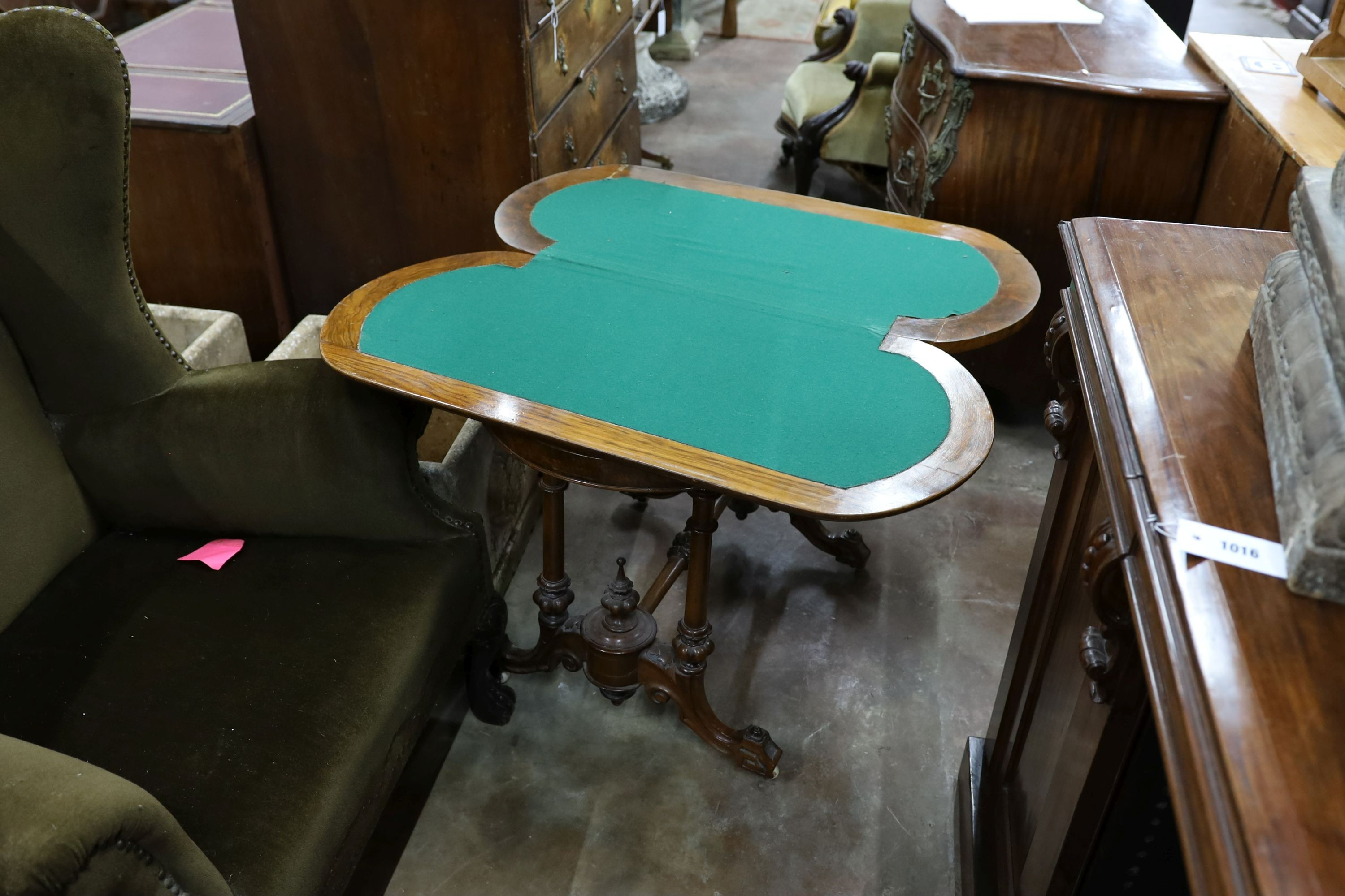 A Victorian burr walnut folding card table, width 92cm, depth 44cm, height 69cm